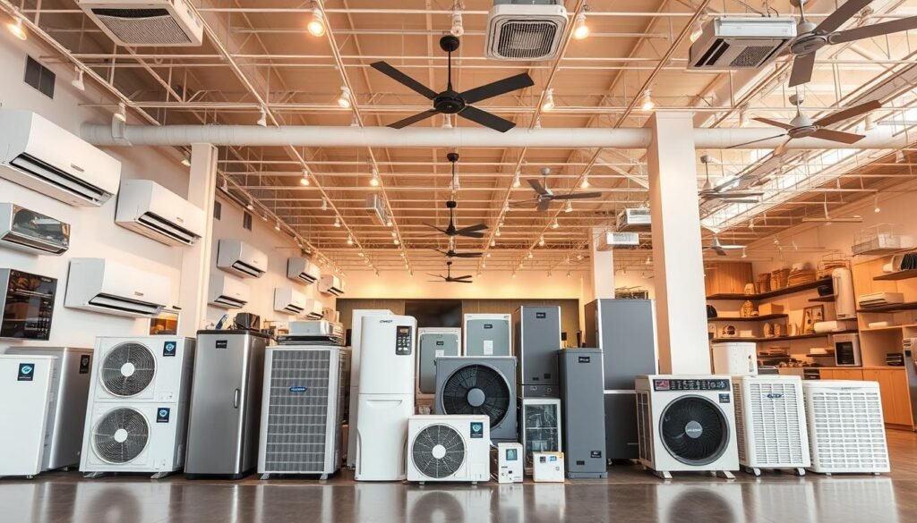 An expansive, well-lit showroom displaying a striking array of Sacop climate control appliances. Gleaming air conditioners, sleek heat pumps, and energy-efficient furnaces stand prominently in the foreground, showcasing their cutting-edge designs. In the middle ground, a collection of smart thermostats and humidity regulators await, while the background features an array of ceiling fans and ventilation systems, all bathed in warm, diffused lighting. The overall atmosphere conveys a sense of modern comfort and efficient temperature regulation, perfectly suited for the "Climate Control Appliances for Year-Round Comfort" section.