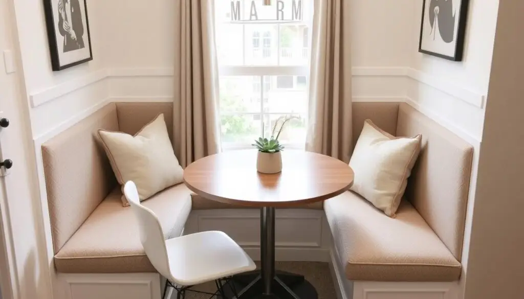 Compact dining nook with built-in banquette seating and round table