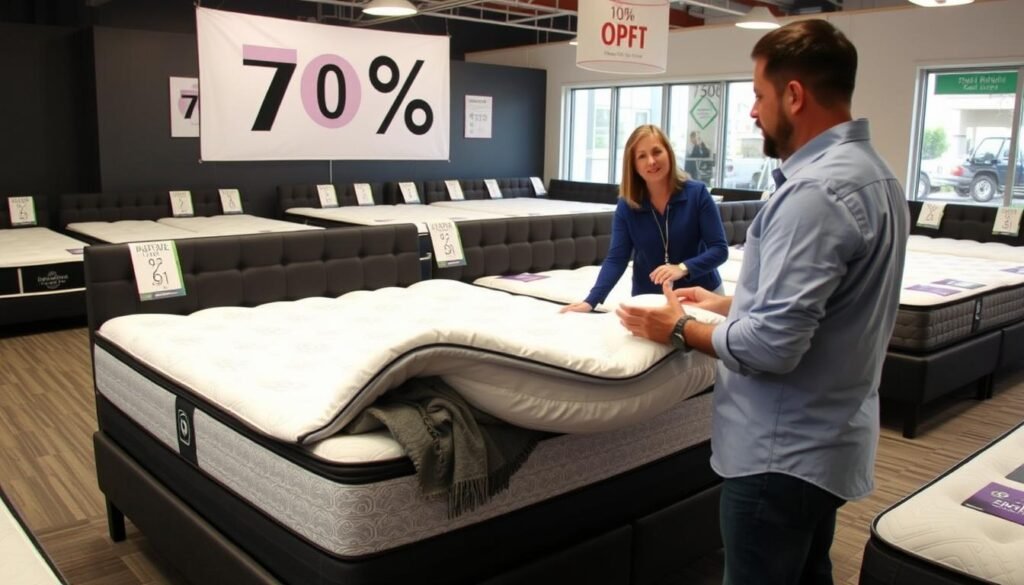 Customer testing a discounted hybrid mattress at Archer's Sleep Centre's up to 70% off sale