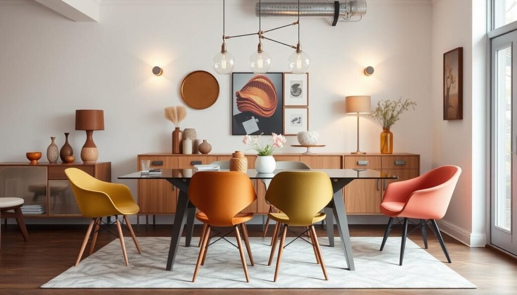 Dining room with mid-century modern chairs around a contemporary table