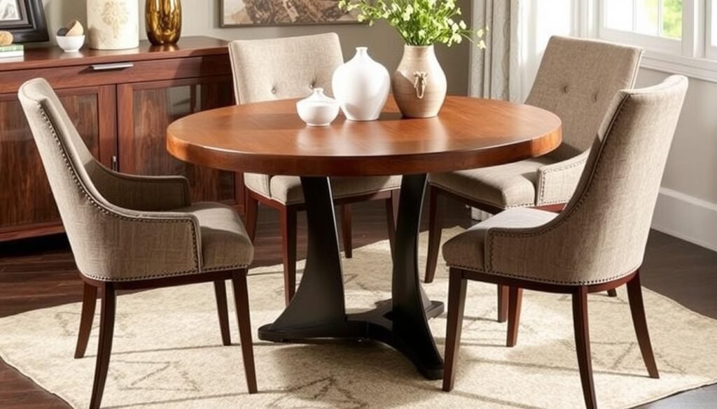 Dining set featuring wood table with metal base and upholstered chairs