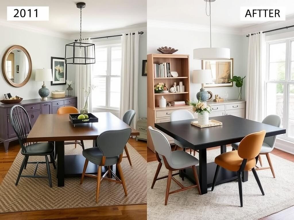 Modern dining table with vintage chairs and contemporary lighting