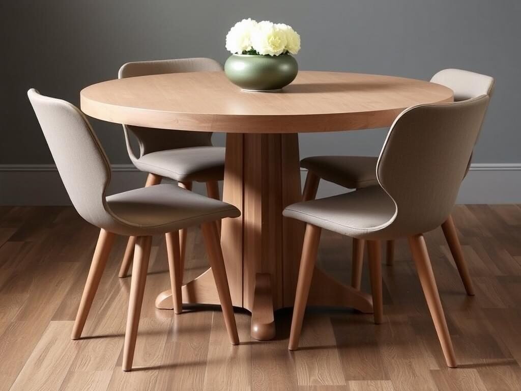 Round pedestal table with nesting chairs tucked underneath