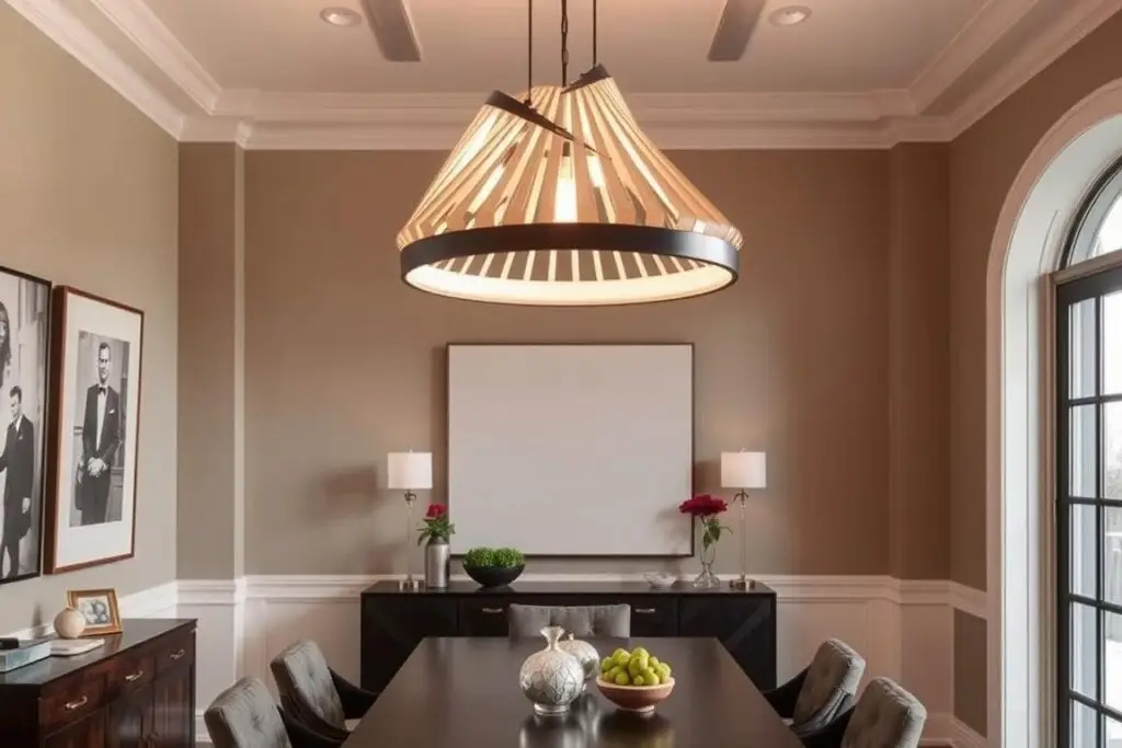 Sculptural pendant light hanging over a modern dining table