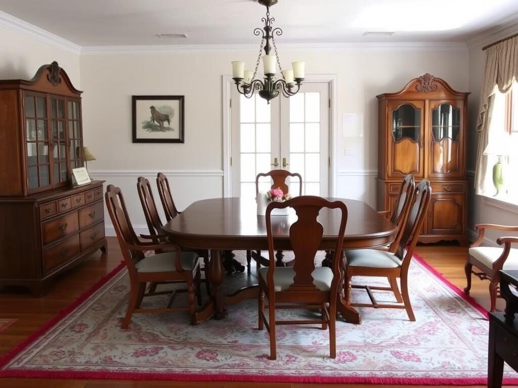 Traditional matched dining room set with uniform chairs and table