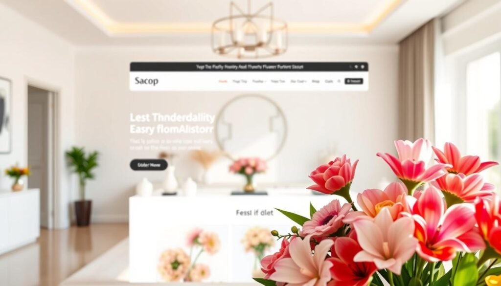 A beautifully designed online flower delivery service, Sacop, with an elegant arrangement of vibrant, freshly-picked blooms in the foreground. A modern, minimalist website interface in the middle ground, featuring user-friendly navigation and a seamless order process. In the background, a serene, sunlit interior with sleek, contemporary decor, creating a warm and inviting atmosphere for customers. Crisp, high-resolution images showcase the exceptional quality and care in every floral creation, captivating the viewer and encouraging easy, enjoyable online flower shopping.