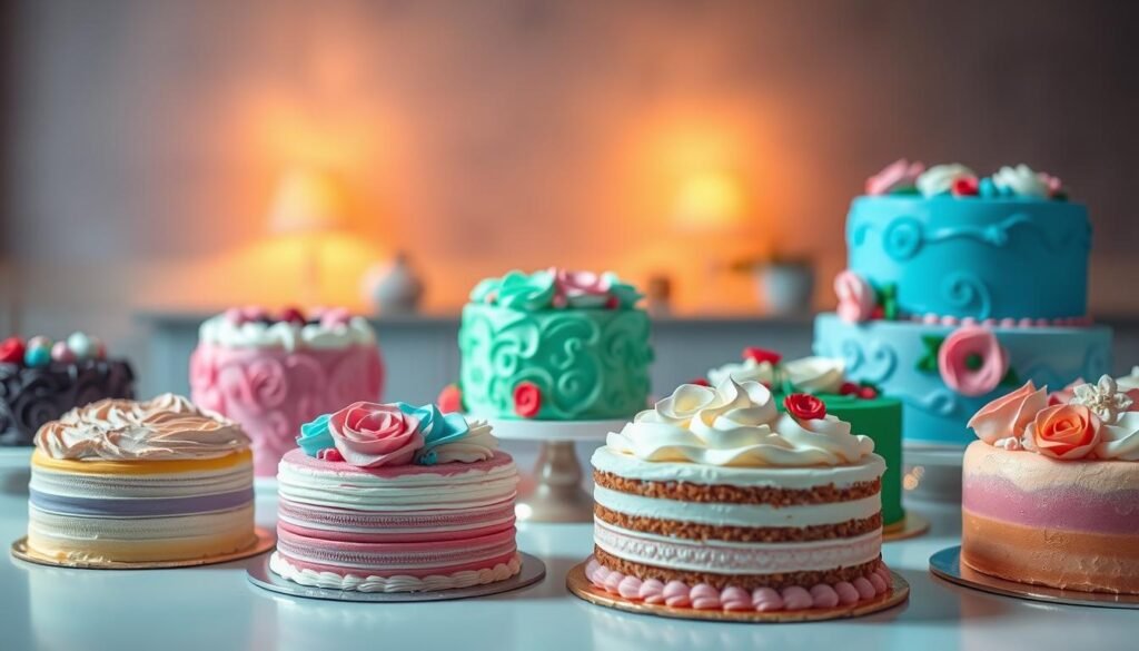 A beautifully lit display of personalized cakes created by Sacop, a premier bakery. In the foreground, an array of unique cake designs adorned with vibrant fondant textures, intricate piping, and delicate floral accents. The cakes are arranged on a clean, minimalist surface, allowing their individual details to shine. In the middle ground, a warm, cozy lighting setup casts a soft, inviting glow, highlighting the glossy finishes and subtle shadows. The background is a blurred, neutral environment, keeping the focus entirely on the stunning cake creations. This scene evokes a sense of artistry, customization, and the special joy of celebrating life's occasions with Sacop's delectable, personalized cakes.