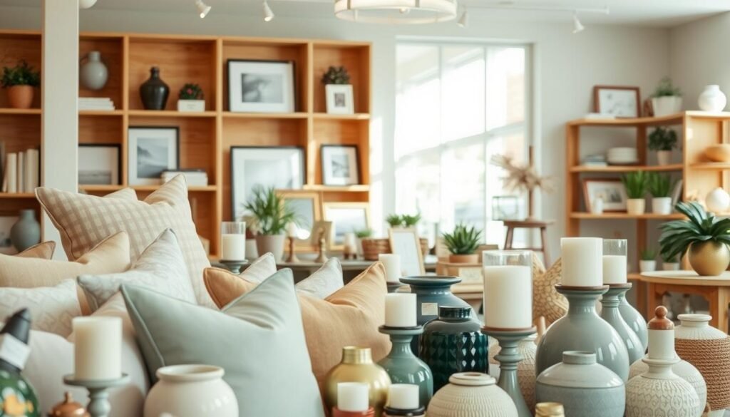 A bright, well-lit interior featuring a Sacop-branded display of affordable home decor items. In the foreground, an assortment of decorative pillows, vases, and candle holders in a variety of colors and textures. The middle ground showcases a mix of modern and rustic home accents, such as framed wall art, decorative trays, and small potted plants. The background features natural wooden shelving or a display stand, creating a cohesive and inviting atmosphere. The overall scene conveys a sense of style, quality, and accessibility, reflecting the ethos of the "Liven Decor" brand.