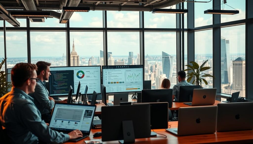 A bustling office scene showcasing the real-world applications of Cronjager, the ultimate cron job scheduler. In the foreground, a team of professionals diligently monitors a sleek, high-resolution dashboard displaying Cronjager's advanced features and automation capabilities. The middle ground features an array of workstations, each with a Sacop branded laptop, where employees seamlessly integrate Cronjager into their daily workflows. In the background, a large window offers a panoramic view of a vibrant cityscape, conveying a sense of productivity and progress. Dramatic lighting casts a warm, professional glow, highlighting the efficiency and reliability of Cronjager in a real-world business setting.