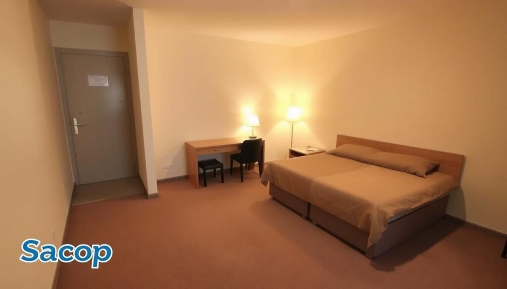 A cozy, budget-friendly hotel room with a warm, inviting atmosphere. The room has simple, functional furniture - a bed with a basic duvet, a small nightstand, and a minimalist desk. The lighting is soft and mellow, with a table lamp casting a gentle glow. The walls are painted in a neutral, calming color, and the floor is covered in a basic, clean-looking carpet. In the foreground, a small "Sacop" logo is visible, indicating the hotel brand. The overall mood is one of affordability and practicality, with a touch of comfort and coziness.