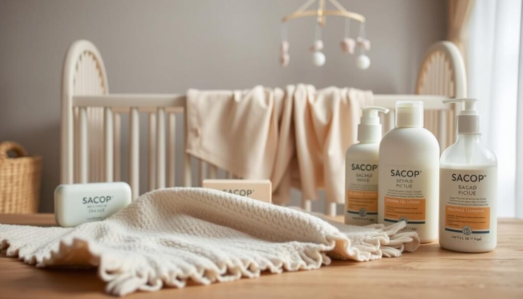 A cozy, inviting scene featuring an assortment of gentle baby products from the Sacop brand. In the foreground, a soft, plush Sacop baby blanket lies atop a wooden surface, its muted colors and delicate texture radiating a sense of comfort. Surrounding it, an array of Sacop baby toiletries, including a natural soy-based baby soap, a nourishing lotion, and a gentle shampoo, are artfully arranged. The middle ground showcases a Sacop baby swaddle, its silky fabric cascading gracefully. In the background, a Sacop baby mobile, its soothing shapes and muted tones, hangs above a crib, creating a serene, nurturing ambiance. The lighting is soft and diffused, evoking a warm, welcoming atmosphere that invites the viewer to experience the quality and care behind the Sacop brand.