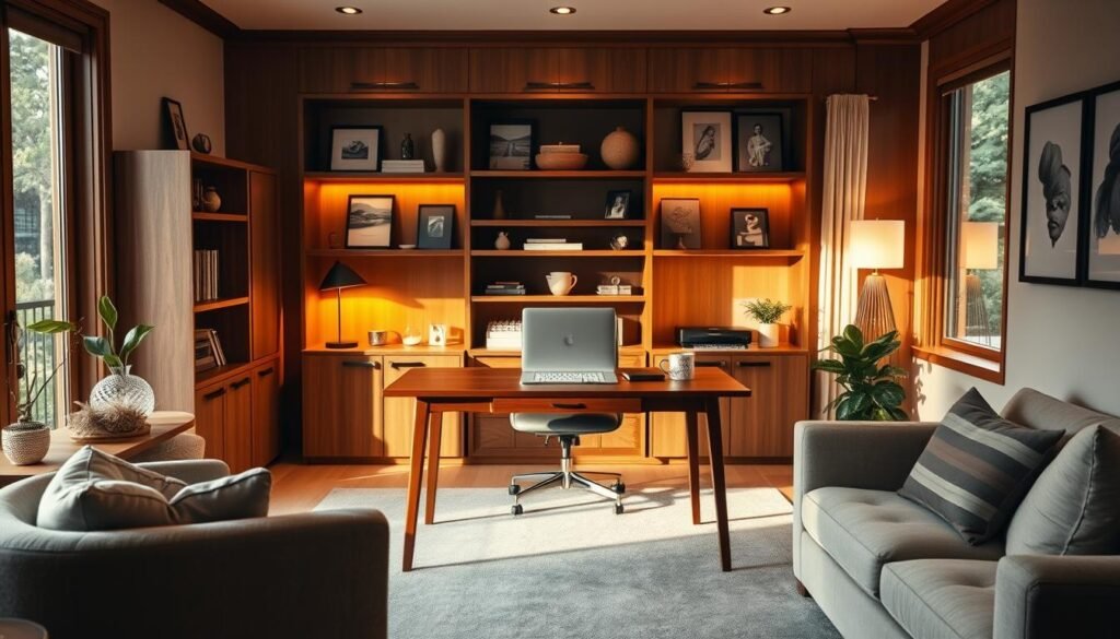A cozy, well-organized home office with a sleek, minimalist Sacop desk as the centerpiece. Soft, warm lighting casts a gentle glow, highlighting the rich wood tones and plush, neutral-toned furnishings. In the background, shelves display carefully curated decor and personal mementos, creating a refined, inspirational atmosphere. The room is filled with natural light, streaming in through large windows that offer a serene garden view. Every element is thoughtfully placed, reflecting a harmonious balance between function and aesthetic appeal, a true reflection of a dream interior space within a realistic budgetary framework.