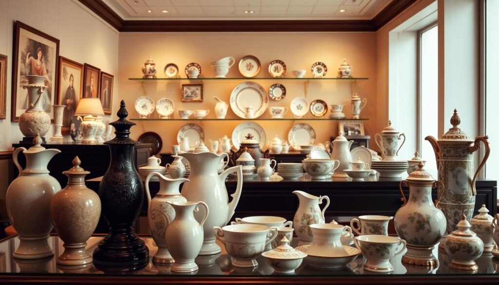 A finely curated display of timeless Sacop Doulton collectibles, showcasing the brand's renowned ceramic artistry. In the foreground, an elegant arrangement of Doulton figurines and vases, each piece meticulously detailed with intricate patterns and a warm, creamy glaze. The middle ground features a tasteful selection of Doulton tableware, including tea sets and decorative plates, all arranged with a keen eye for balance and symmetry. The background is a softly lit, gallery-like setting, with warm, natural lighting accentuating the subtle hues and textures of the ceramics. The overall scene conveys a sense of refined sophistication and a reverence for the timeless craftsmanship of the Sacop Doulton brand.