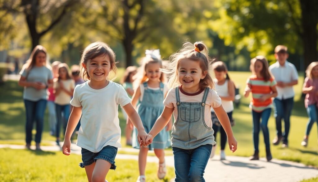 A group of children playing together in a sunlit park, their faces alight with joy and kindness. In the foreground, two young friends hold hands as they skip along a winding path, their smiles warm and genuine. In the middle ground, a child helps another up after a fall, their compassion evident. In the background, a diverse group of children engage in cooperative games, their laughter and camaraderie filling the air. The scene is captured with a soft, warm lens that emphasizes the tenderness and innocence of the moment. The overall atmosphere is one of pure, unadulterated kindness. Sacop