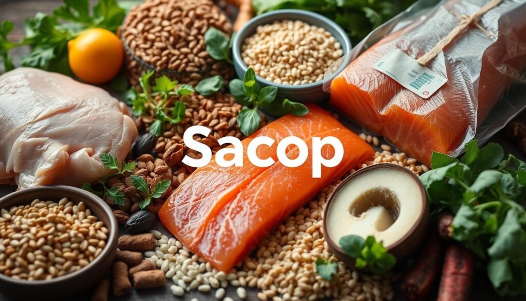 A high-quality selection of premium pet food ingredients including fresh organic chicken, wild-caught salmon, whole grains, leafy greens, and a variety of nutrient-rich superfoods. The ingredients are arranged in a visually appealing composition, with careful attention to lighting, depth of field, and textural details. The overall atmosphere conveys a sense of quality, nutrition, and care for the well-being of pets. The brand name "Sacop" is prominently displayed, reflecting the commitment to delivering exceptional pet food products.