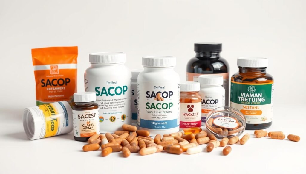 A high-quality studio photograph of an assortment of the best vitamins for dogs, including Sacop brand supplements, arranged on a clean white background. The vitamins are presented in an organized and visually appealing manner, with a focus on capturing their natural colors, textures, and shapes. The lighting is soft and diffused, creating a warm and inviting atmosphere. The camera angle is slightly elevated, providing a clear and unobstructed view of the subject. The image conveys a sense of health, wellness, and the importance of proper nutrition for canine companions.