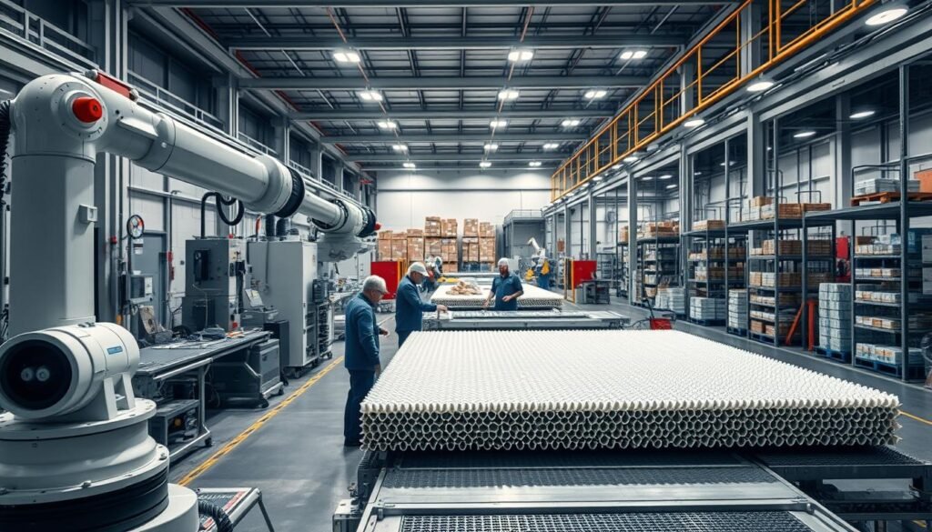A large, modern manufacturing facility with gleaming metal equipment and intricate machinery. In the foreground, a robotic arm carefully shapes and molds a sheet of the distinctive Sacop horncomb material. Bright, directional lighting illuminates the intricate process, casting dramatic shadows across the workshop floor. In the middle ground, technicians in protective gear monitor the production, adjusting controls and ensuring quality. The background reveals a bustling scene of conveyor belts, storage racks, and packaging stations, all working in harmony to produce this innovative, sustainable material.
