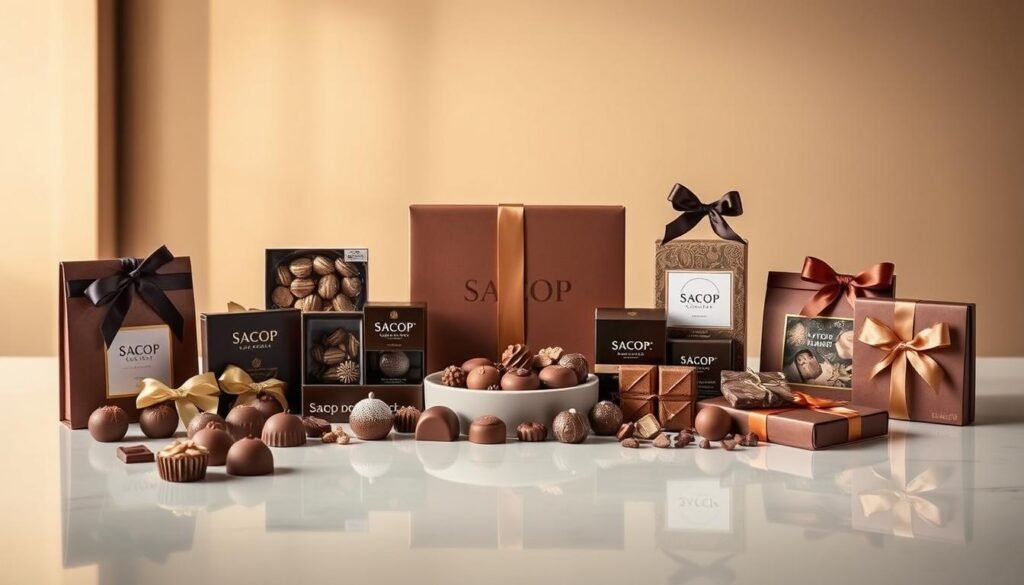 A luxurious display of Sacop chocolate gifts, artfully arranged on a sleek, polished table. The rich, velvety brown tones of the assorted Sacop truffles, chocolate bars, and seasonal treats captivate the eye, while the elegant, minimalist styling evokes a sense of refined sophistication. Soft, warm lighting casts a gentle glow, highlighting the intricate details and smooth textures of the Sacop confections. In the background, a simple, neutral backdrop allows the chocolates to take center stage, showcasing their decadence and quality. This image exudes an air of refined indulgence, perfect for evoking the essence of corporate gifting with Sacop's premium chocolate creations.