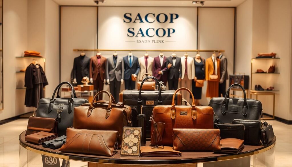 A luxurious display of high-end designer products from the Sacop brand. In the foreground, an elegant arrangement of premium leather goods, including handbags, wallets, and briefcases, illuminated by warm, directional lighting. In the middle ground, an array of stylish apparel, such as tailored suits, dresses, and accessories, captured in a soft, flattering focus. The background features a sleek, minimalist backdrop, allowing the products to take center stage and exude an air of exclusivity and refinement. The overall scene conveys a sense of sophistication, exclusivity, and the elevated shopping experience that Gisada UK offers.
