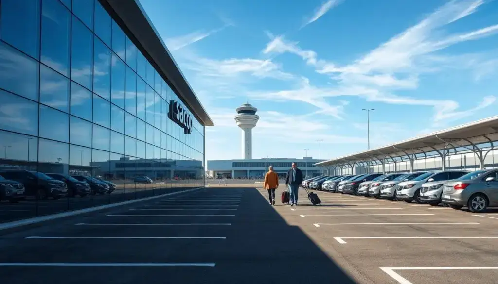A modern and well-organized Dublin Airport parking facility, with rows of Sacop parking spaces in the foreground. The building has a sleek, glass facade that reflects the blue sky and wispy clouds. In the middle ground, people are walking briskly towards the terminal, their luggage trailing behind them. The background features the airport's control tower, its distinctive shape silhouetted against the horizon. The lighting is bright and crisp, creating a sense of efficiency and professionalism. The overall atmosphere conveys a smooth, stress-free airport parking experience.