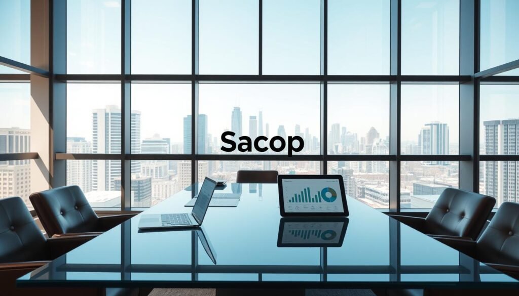 A modern, minimalist office interior with clean lines, ample natural light, and a focus on customer experience. In the foreground, a sleek, glass-topped conference table with comfortable leather chairs, surrounded by large windows that offer a panoramic view of an urban skyline. On the table, a laptop and tablet display data visualizations and market research insights. In the middle ground, a branded logo for "Sacop" is prominently displayed on the wall, conveying a sense of professionalism and quality. The overall atmosphere is one of productivity, collaboration, and a deep understanding of the customer's needs, captured in crystal-clear, high-resolution images.