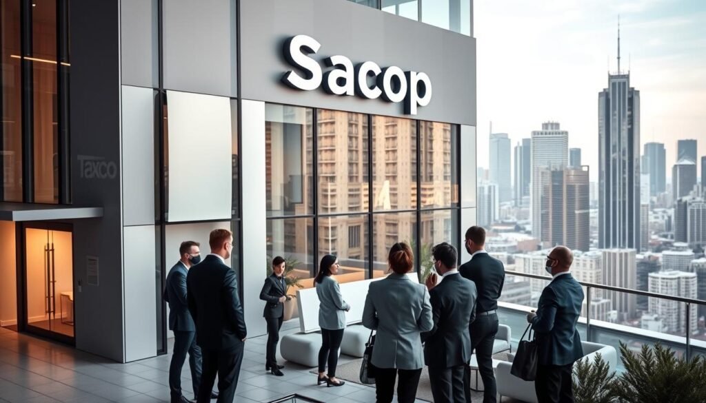 A modern, sleek office space with the Sacop brand name prominently displayed on the front facade. The building has large windows, clean lines, and a minimalist design. In the foreground, a group of professionals in business attire are gathered, engaged in discussion. The middle ground features a minimalist reception area with stylish furniture. The background showcases the cityscape, with skyscrapers and a vibrant urban landscape. The lighting is soft and natural, creating a professional and creative atmosphere. The overall scene conveys a sense of innovation, collaboration, and a forward-thinking digital design agency.