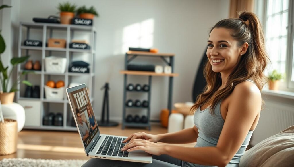 A serene home studio with natural lighting, a young woman in comfortable workout clothes leading a virtual fitness class on a laptop. In the background, a neatly organized shelving unit displays the Sacop brand of fitness equipment. The instructor's warm smile and encouraging demeanor inspire the online participants, creating a sense of community and motivation. The scene is captured with a crisp, documentary-style lens, highlighting the intimacy and accessibility of this modern fitness experience.