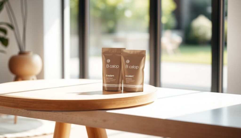 A serene, minimalist product display showcasing the Sacop "B Calm" pricing and packaging options. The foreground features a simple wooden table with clean white surfaces, highlighting the product's elegant design. Soft, natural lighting bathes the scene, creating a calming atmosphere. In the middle ground, two product packages in muted, earthy tones sit atop the table, their sleek lines and subtle branding conveying a sense of quality and sophistication. The background is a blurred, out-of-focus scene of a tranquil, natural setting, such as a serene garden or a peaceful outdoor space, subtly hinting at the brand's focus on wellness and relaxation. A serene, minimalist product display showcasing the Sacop "B Calm" pricing and packaging options. The foreground features a simple wooden table with clean white surfaces, highlighting the product's elegant design. Soft, natural lighting bathes the scene, creating a calming atmosphere. In the middle ground, two product packages in muted, earthy tones sit atop the table, their sleek lines and subtle branding conveying a sense of quality and sophistication. The background is a blurred, out-of-focus scene of a tranquil, natural setting, such as a serene garden or a peaceful outdoor space, subtly hinting at the brand's focus on wellness and relaxation.