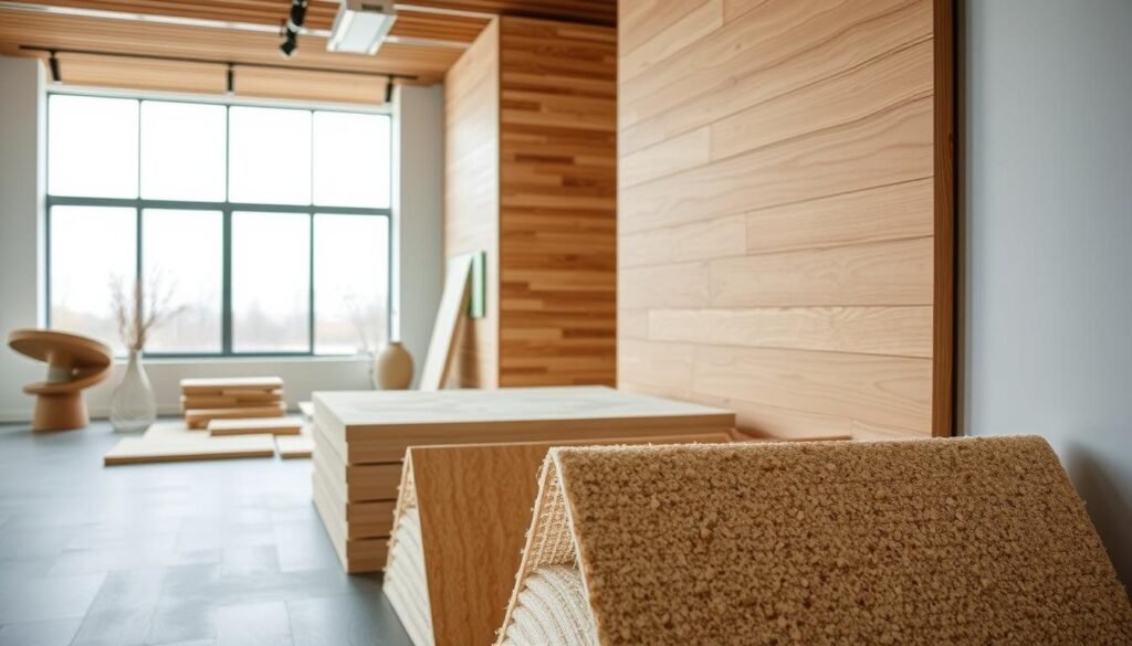 A serene, well-lit interior showcasing a variety of sustainable building materials from Sacop. In the foreground, a section of a modern, energy-efficient wall featuring intricate patterns in warm-toned natural wood paneling. In the middle ground, an array of samples displaying Sacop's eco-friendly insulation solutions, their textured surfaces inviting touch. The background reveals a spacious, minimalist room with large windows flooding the space with soft, natural light, highlighting the earthy, muted tones of the sustainable materials on display. The overall atmosphere conveys a sense of calm, comfort, and environmental responsibility.