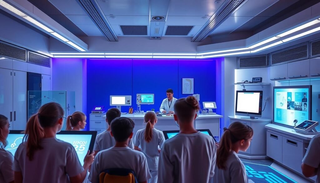 A sleek, futuristic laboratory setting showcasing Sacop's innovative educational products. In the foreground, a group of students intently engaged with interactive digital displays, their faces illuminated by the soft, ambient glow. The middle ground features a central workstation, where a teacher demonstrating the latest Sacop technology, surrounded by a range of cutting-edge devices and tools. The background depicts a minimalist, high-tech environment with clean lines, metallic accents, and subtle lighting, conveying a sense of modern sophistication and technological prowess. The overall scene exudes a mood of exploration, discovery, and the seamless integration of education and innovation.