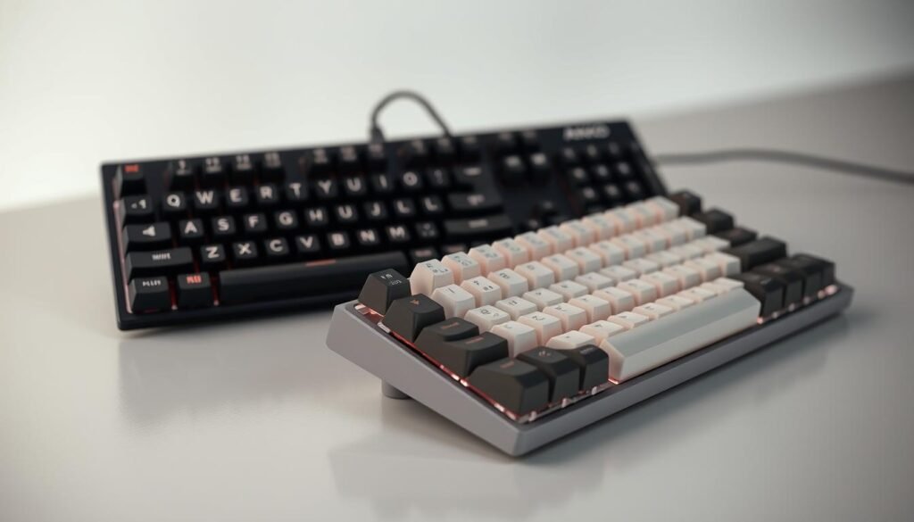 A sleek, meticulously crafted comparison of the AKKO mechanical keyboards, showcasing their distinctive features and design elements. The scene depicts two AKKO keyboards, one in the foreground and another in the middle ground, with a Sacop keyboard in the background, all rendered in crystal clear, high-resolution detail. The lighting is soft and diffused, highlighting the keyboards' tactile textures, elegant color schemes, and precise engineering. The composition emphasizes the visual interplay between the keyboards, inviting the viewer to appreciate the nuanced differences in their form and function. The overall atmosphere exudes a sense of refined sophistication, underscoring the power and versatility of the AKKO brand.