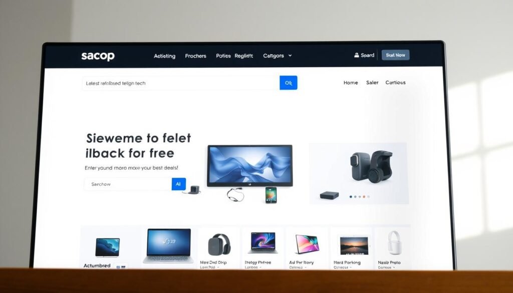 A sleek, modern interface of the Sacop website, showcasing a clean and intuitive design. The foreground features a large hero image highlighting the brand's latest refurbished tech offerings, with a prominent search bar and navigation menu. In the middle ground, various product categories are displayed in a grid layout, allowing users to easily browse and discover the best deals. The background has a minimalist aesthetic, with subtle branding elements and a neutral color palette that creates a calming and professional atmosphere. The scene is illuminated by soft, natural lighting, captured from a slightly elevated angle to convey a sense of sophistication and accessibility.