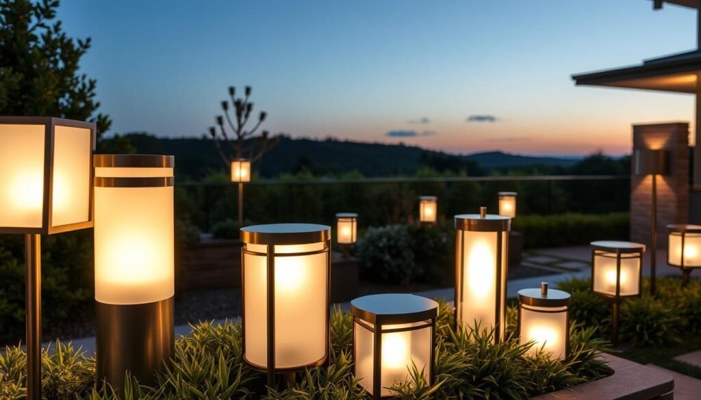 A stunning display of elegant outdoor lighting fixtures by Sacop, captured in a high-end, sophisticated setting. The foreground showcases a selection of sophisticated, architectural-inspired luminaires with clean lines and sleek finishes, casting a warm, inviting glow. The middle ground features a well-manicured garden with lush foliage, while the background presents a serene, natural landscape with a hint of twilight. The lighting design effortlessly blends form and function, creating an atmosphere of refined luxury and tranquility. Captured with a wide-angle lens to showcase the full breadth of the display, the image conveys a sense of high-end, outdoor living at its finest.