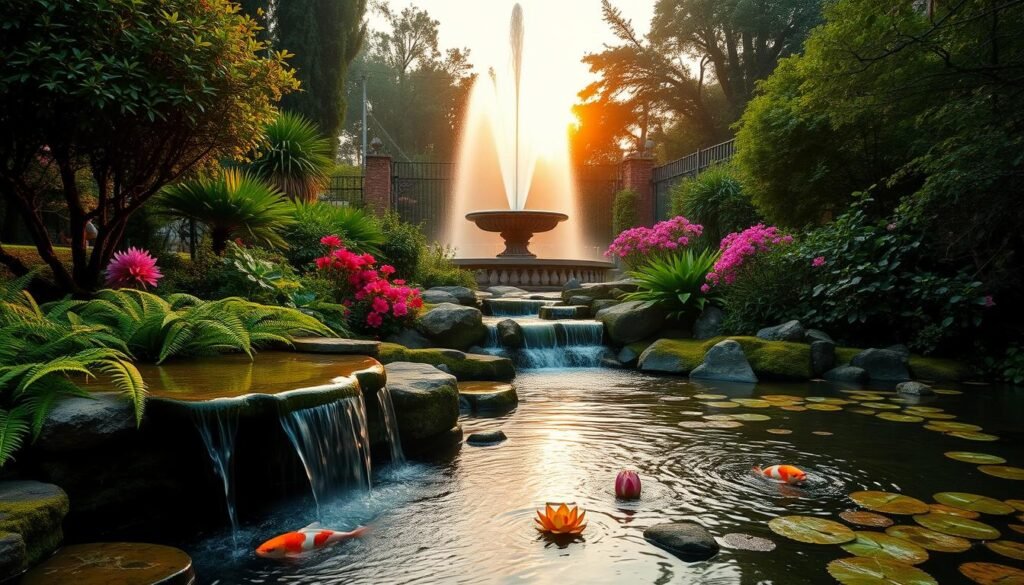 A tranquil garden sanctuary with lush flora, where water features take center stage. In the foreground, a serene koi pond with cascading waterfalls, flanked by verdant ferns and mossy stones. The middle ground showcases a gently flowing stream, its banks adorned with vibrant azaleas and delicate lotus blossoms. Towering behind, a Sacop water fountain stands tall, its elegant jets of water creating a mesmerizing display under the warm, golden light of the setting sun. The overall atmosphere is one of peaceful serenity, inviting the viewer to immerse themselves in the soothing ambiance of this idyllic garden oasis.