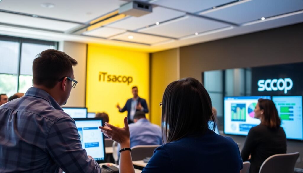 A vibrant cybersecurity training session at the IT-Nation event. In the foreground, a group of professionals collaborating on a Sacop security dashboard, their faces illuminated by the soft glow of monitors. In the middle ground, a speaker gestures animatedly, explaining the latest techniques in penetration testing. The background is a sleek, modern conference room, with large windows letting in natural light and the Sacop logo prominently displayed. The atmosphere is one of engaged learning, with a sense of excitement and discovery as the attendees explore new ways to enhance their IT expertise.