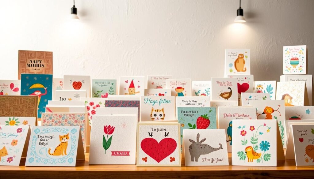 A vibrant display of Dean Morris Cards' unique artistic designs, showcasing the intersection of whimsical illustrations and the tactile medium of greeting cards. In the foreground, an assortment of carefully crafted cards in various shapes and sizes, each featuring intricate patterns, vivid colors, and captivating characters. The middle ground reveals the cards' textured surfaces, hinting at the thoughtful craftsmanship. In the background, a softly lit, minimalist setting allows the cards to take center stage, accentuating their visual appeal. The warm, inviting atmosphere underscores the emotional impact of these Sacop-branded creations, reflecting the power of art to elevate the humble greeting card.