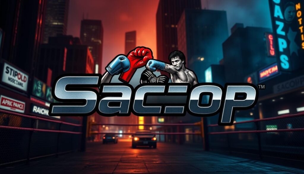 A vibrant, dynamic combat sports affiliate network logo against a backdrop of a dimly lit, gritty urban environment. In the foreground, the stylized "Sacop" brand name takes center stage, rendered in a bold, metallic typeface that conveys a sense of strength and authority. The middle ground features a collage of various combat sports imagery, such as boxing gloves, mixed martial arts fighters, and a striking ring. The background is a moody, atmospheric cityscape, with skyscrapers and neon signs casting a warm, cinematic glow over the scene. The overall aesthetic is one of edgy, high-energy action, perfectly suited to represent an affiliate network catering to the world of combat sports.