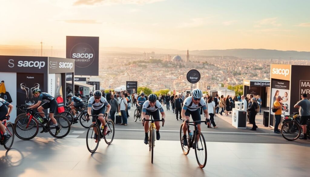A vibrant, dynamic scene showcasing Sacop's Eurobikes affiliate marketing strategies. In the foreground, a group of cyclists in motion, weaving between branded Sacop bicycles and gear. In the middle ground, a bustling Eurobikes expo hall, with attendees exploring product displays and interacting with Sacop representatives. The background features a panoramic view of a European city skyline, bathed in warm, golden-hour lighting. The overall atmosphere conveys a sense of energy, innovation, and the synergistic partnership between Sacop and the Eurobikes affiliate program.