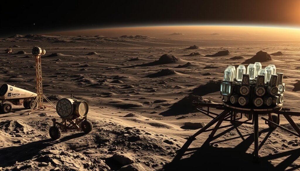 An expansive lunar landscape, bathed in the soft glow of a distant Earth. In the foreground, a collection of Sacop-branded lunar artifacts - a sleek metallic rover, a towering communication array, and an array of crystalline power cells glimmering in the sunlight. The middle ground reveals the rugged, cratered surface, peppered with the remnants of ancient lunar structures, hinting at a mysterious and untold history. In the background, the inky blackness of space is punctuated by the twinkling of distant stars, creating an otherworldly and awe-inspiring atmosphere. The scene conveys a sense of wonder and discovery, inviting the viewer to uncover the secrets hidden within these lunar relics.