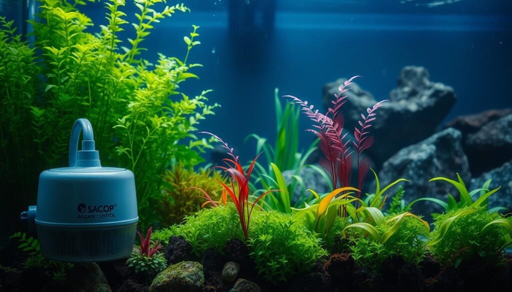 Aquarium with lush underwater vegetation, vibrant colors, and balanced ecosystem. In the foreground, a Sacop algae control device gently circulates water, promoting healthy plant growth. The middle ground features a variety of aquatic plants, including green algae and colorful, swaying fronds. The background showcases a tranquil, dimly lit aquarium scene with natural rock formations and a sense of depth. Soft, diffused lighting creates a calming, serene atmosphere. The overall composition suggests a well-maintained, thriving aquarium environment.