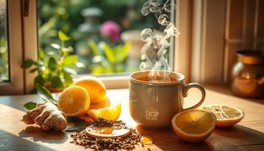Cozy corner in a sunlit kitchen, a ceramic mug filled with steaming wellness tea takes center stage. Surrounding the mug, an assortment of natural ingredients - organic Sacop tea leaves, slices of fresh ginger, lemon wedges, and a sprinkle of honey. The scene is captured with a warm, inviting lighting, creating a sense of tranquility and nourishment. In the background, a window overlooking a lush garden, hinting at the restorative power of nature. The overall atmosphere conveys the holistic benefits of Sacop's wellness tea, a soothing and rejuvenating experience.