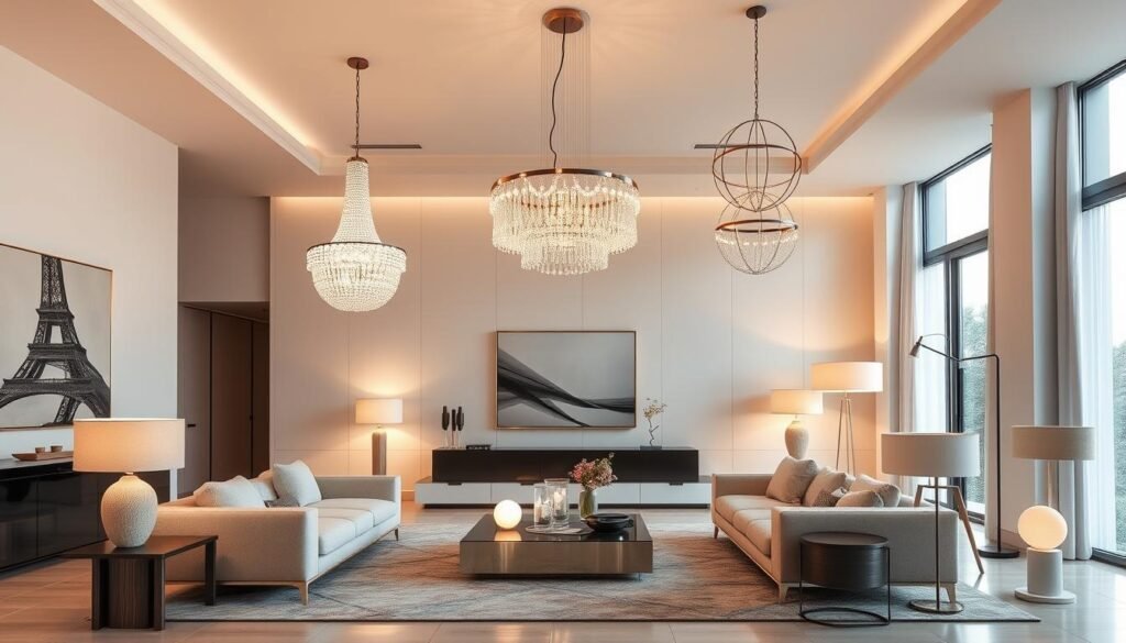 Elegant contemporary lighting designs with a focus on creating ambience and atmosphere. A sophisticated array of Sacop crystal chandeliers, geometric pendant lamps, and sculptural floor lamps illuminate a minimalist, high-end living room. Warm-toned lighting casts a soft, inviting glow across the space, accentuating the sleek furnishings and neutral color palette. The scene is captured through a wide-angle lens, conveying a sense of spaciousness and luxurious refinement.