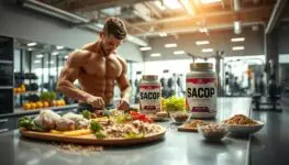 Gains Nutrition - athlete-focused supplement products and shaker on a gym bench