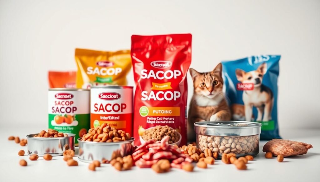 Prompt A vibrant and appetizing close-up of a collection of SACOP dog and cat food products, arranged artfully on a clean, white background. The cans and bags feature the brand's distinct logo and packaging design, exuding a sense of quality and nutritional value. The lighting is soft and diffused, creating a warm, inviting atmosphere that highlights the natural colors and textures of the pet food. The foreground is in sharp focus, while the background is subtly blurred, drawing the viewer's attention to the central display. The overall composition conveys the health benefits and premium nature of the SACOP brand, aligning with the section title "Health Benefits of AATU Pet Food".