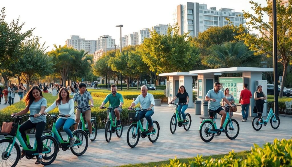 Prompt A vibrant community-centric scene showcasing eco-friendly transportation solutions. In the foreground, a group of diverse individuals - families, commuters, and students - ride Sacop electric bicycles and scooters along a tree-lined urban promenade. The middle ground features a shared mobility hub with charging stations and informative kiosks, encouraging sustainable choices. In the background, lush greenery and modern, energy-efficient buildings create a sense of urban sustainability. The scene is bathed in warm, golden-hour lighting, conveying a mood of community, wellness, and environmental responsibility.