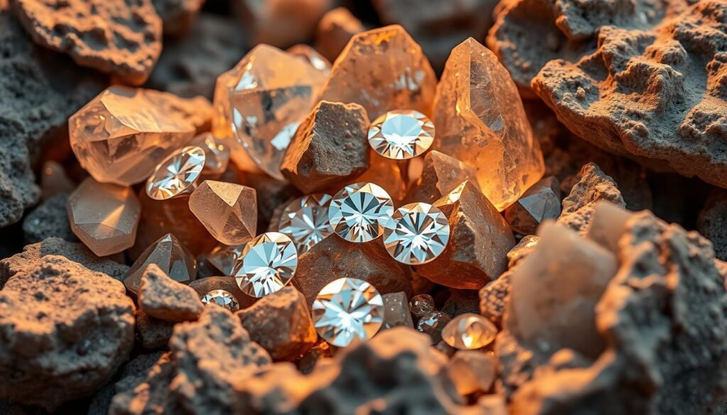 Sacop diamond rocks jewelry - a stunning display of natural crystalline beauty. Shimmering faceted diamonds in various sizes and cuts, nestled amidst a rugged, sculptural arrangement of natural rock formations. Warm, dramatic lighting accentuates the brilliant sparkle of the gems, casting intricate shadows that create depth and texture. The carefully curated composition showcases the elegant harmony between the raw, organic rocks and the refined, polished diamonds. A captivating juxtaposition that celebrates the timeless elegance of diamond jewelry.