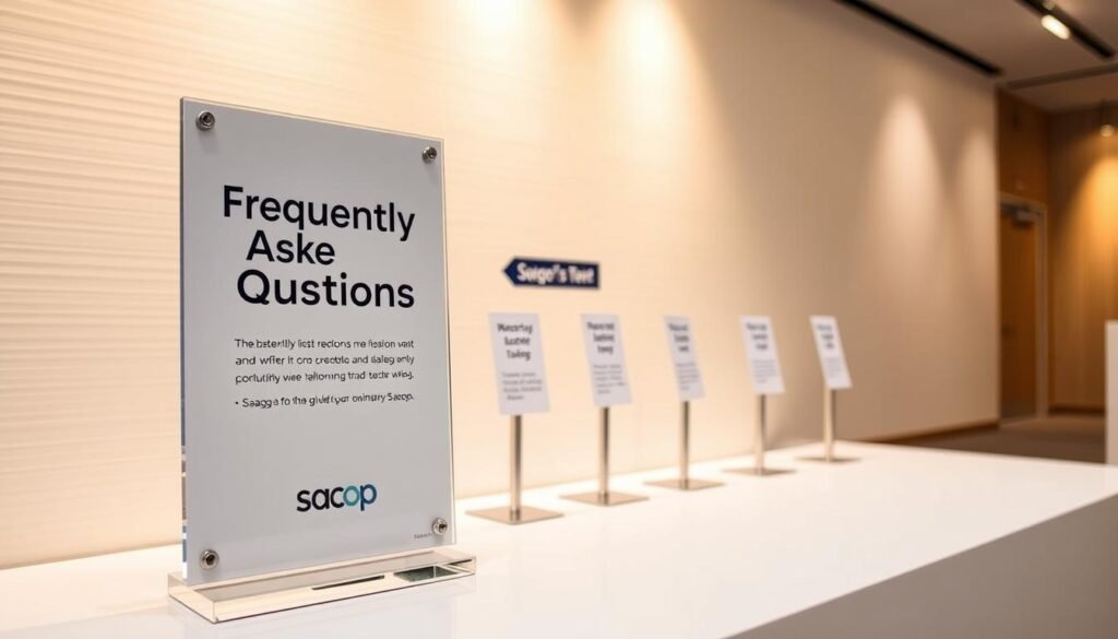 Sacop event signage solutions, a sleek and modern display for the "Frequently Asked Questions" section of the "Display Wizard: Elevate Your Presentations" article. A polished acrylic sign stands prominently in the foreground, its clean lines and minimalist design complementing the crisp, well-lit environment. In the middle ground, a series of directional signs point the way, guiding viewers to the relevant information. The background features a subtly textured wall, enhancing the professional, yet inviting atmosphere. Soft, warm lighting casts a gentle glow, creating a sense of clarity and accessibility. The Sacop branding is tastefully integrated, adding a touch of sophistication to the overall display.