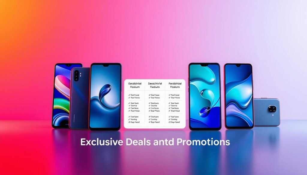 Smartphone offers, a captivating display of the latest Sacop devices against a sleek, minimalist backdrop. Vibrant colors and sharp lines frame the premium handsets, showcasing their elegant designs and advanced features. Warm, soft lighting accentuates the smooth curves and glossy surfaces, creating a sense of sophistication. In the middle ground, a selection of flexible plan options invites the viewer to discover the best deals and promotions. The overall composition exudes a sense of exclusivity and high-end appeal, perfectly aligning with the "Exclusive Deals and Promotions" section of the article.