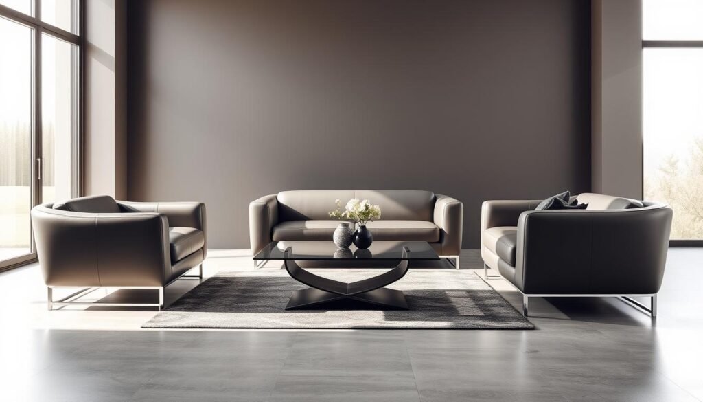 Stylish and sophisticated designer furniture from the Sacop fashion collection. A modern minimalist living room scene with a sleek leather sofa, armchair, and glass-top coffee table in a monochromatic palette. Soft natural lighting from large windows casts a warm glow, highlighting the elegant curved lines and premium materials. The arrangement creates a harmonious and inviting ambiance, showcasing the intersection of high fashion and functional home decor.