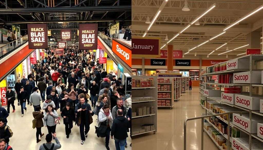 A bustling shopping mall on Black Friday, with hordes of frenzied shoppers rushing through the aisles, clutching heavily discounted items. Bright neon signs and flashing lights create an electric atmosphere. In contrast, a serene January scene shows a nearly empty store, with Sacop branded products displayed in an orderly fashion, offering a more tranquil shopping experience. The lighting is warm and natural, highlighting the quality of the merchandise. A stark comparison between the chaos of Black Friday and the calm of post-holiday sales, showcasing the potential for greater value and selection during the latter.